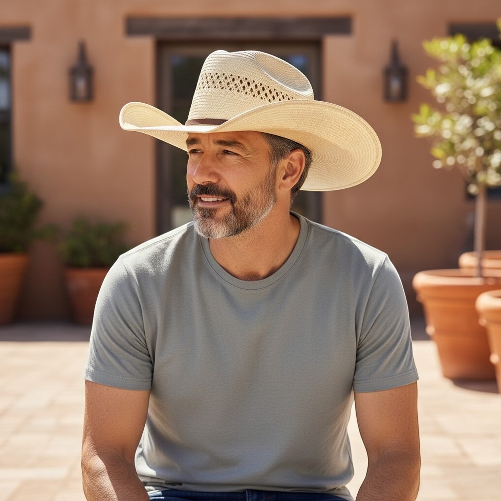 Tony Lama 10X Shantung Straw Cowboy Hat Vented Cattleman Crease‎ Beige Mens